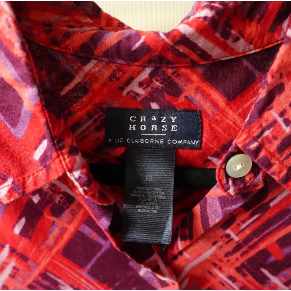 Crazy‎ Horse Liz Claiborne Red Purple Abstract Print Cotton Button Down Shirt 12 - Picture 2 of 7